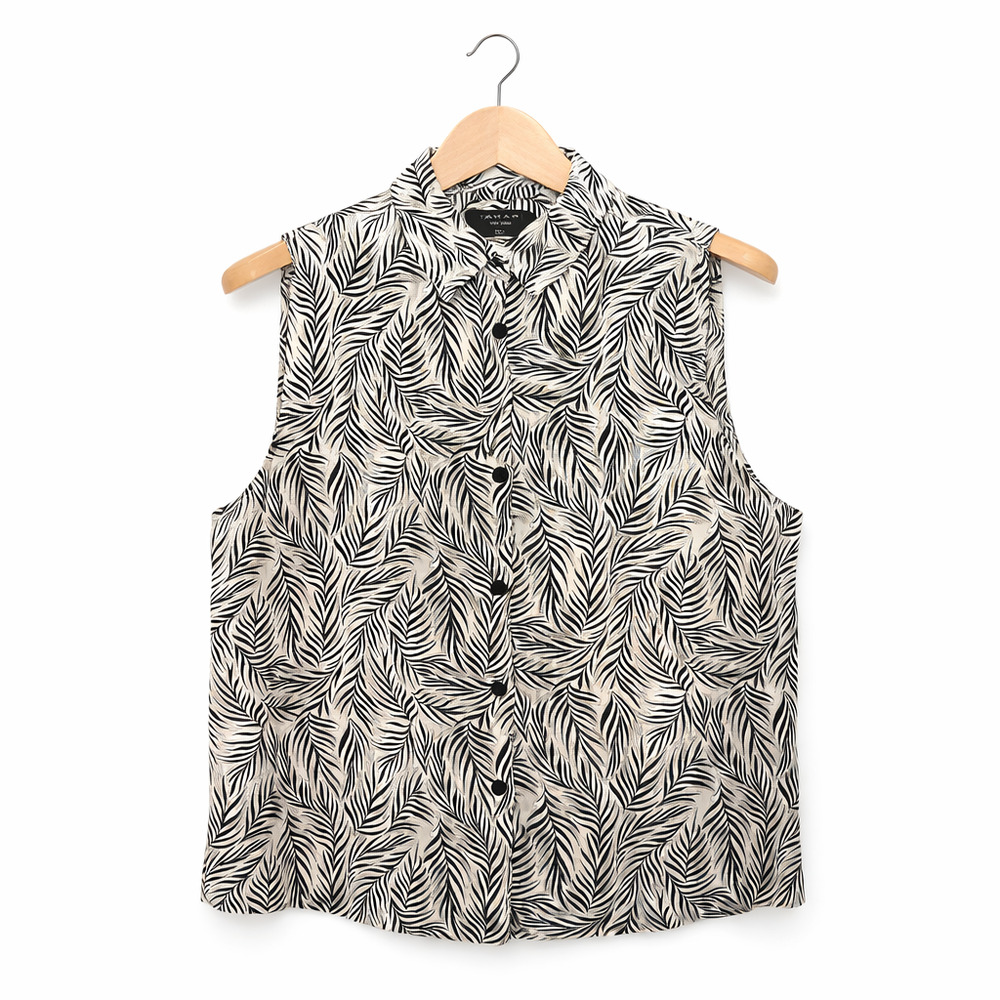 Tahari Blouse Womens Size Large Black White Leaf Print 100% Linen Sleeveless